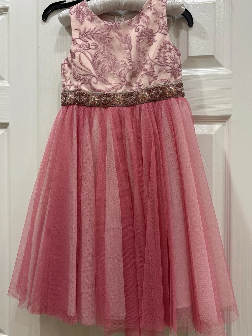 Rare Editions Pink Embroidered Tulle Dress with Beaded Waist